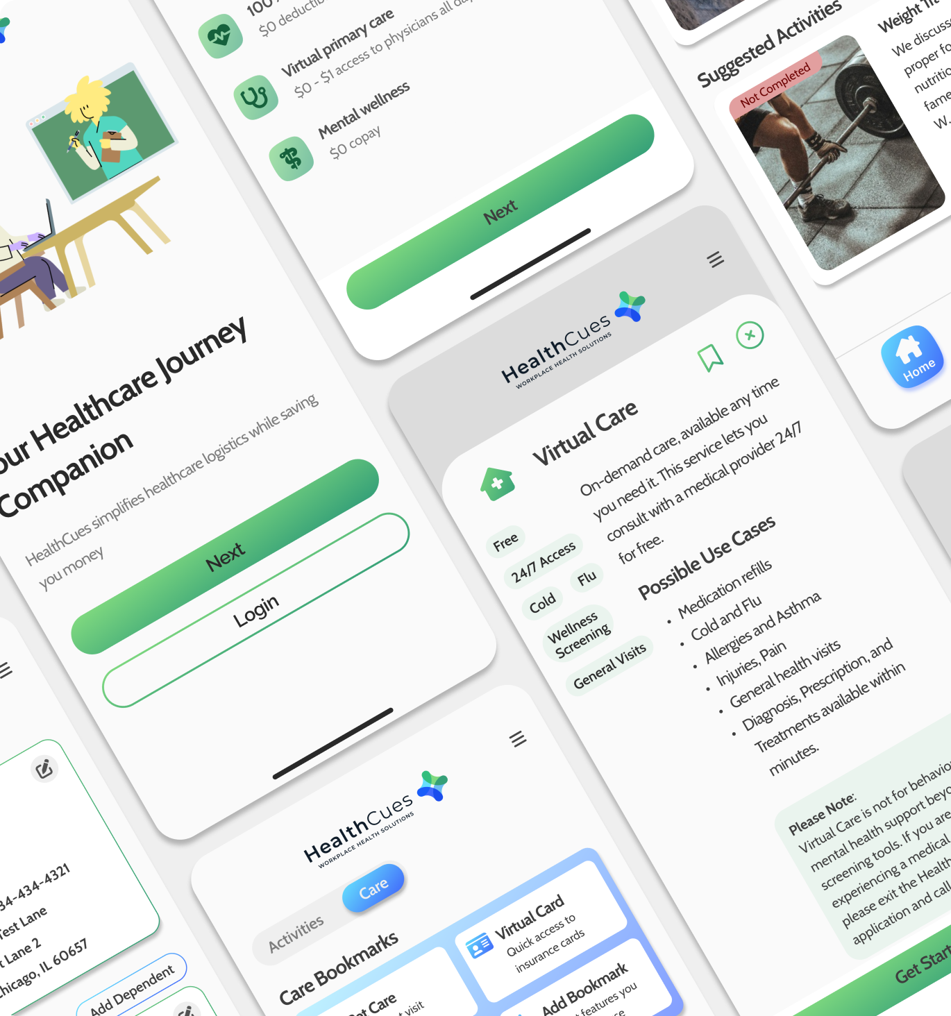 HealthCues app screens showing virtual care and mental wellness features